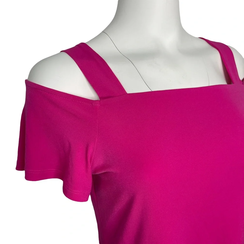 NWT INC Stretch Hot Pink Summer Blouse Cold Shoulder Top S - Picture 2 of 6